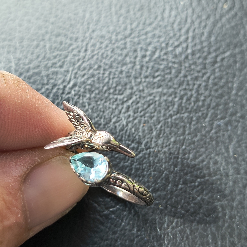 Sterling Silver Hummingbird Ring with Aquamarine-Blue Stone